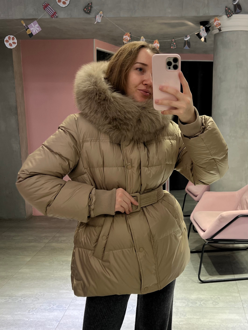 Пуховик Fresh миди с поясом песочный