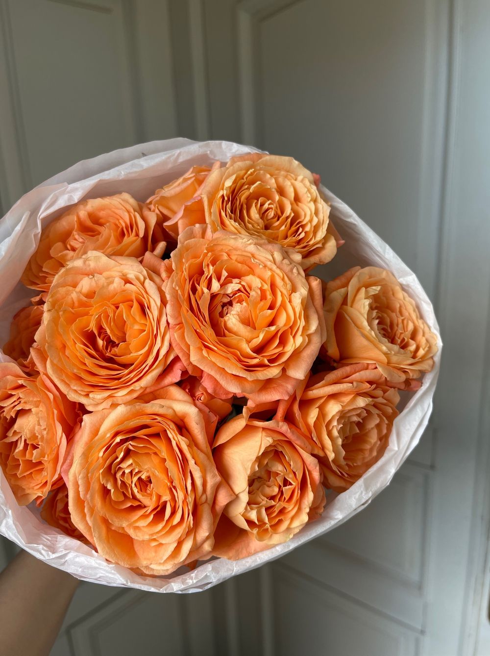 Моно букет из кустовых пионовидных роз в оранжевом оттенке