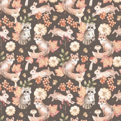 осень, акварель, лиса, енот, зайцы