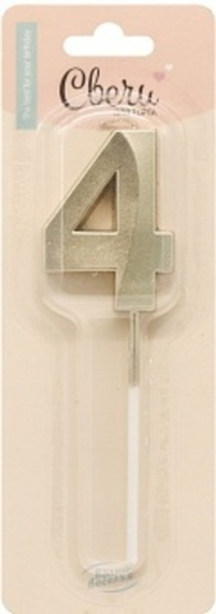 Свеча Цифра 4 Грани Белое Золото Металлик 3,5*5 + 7 см.