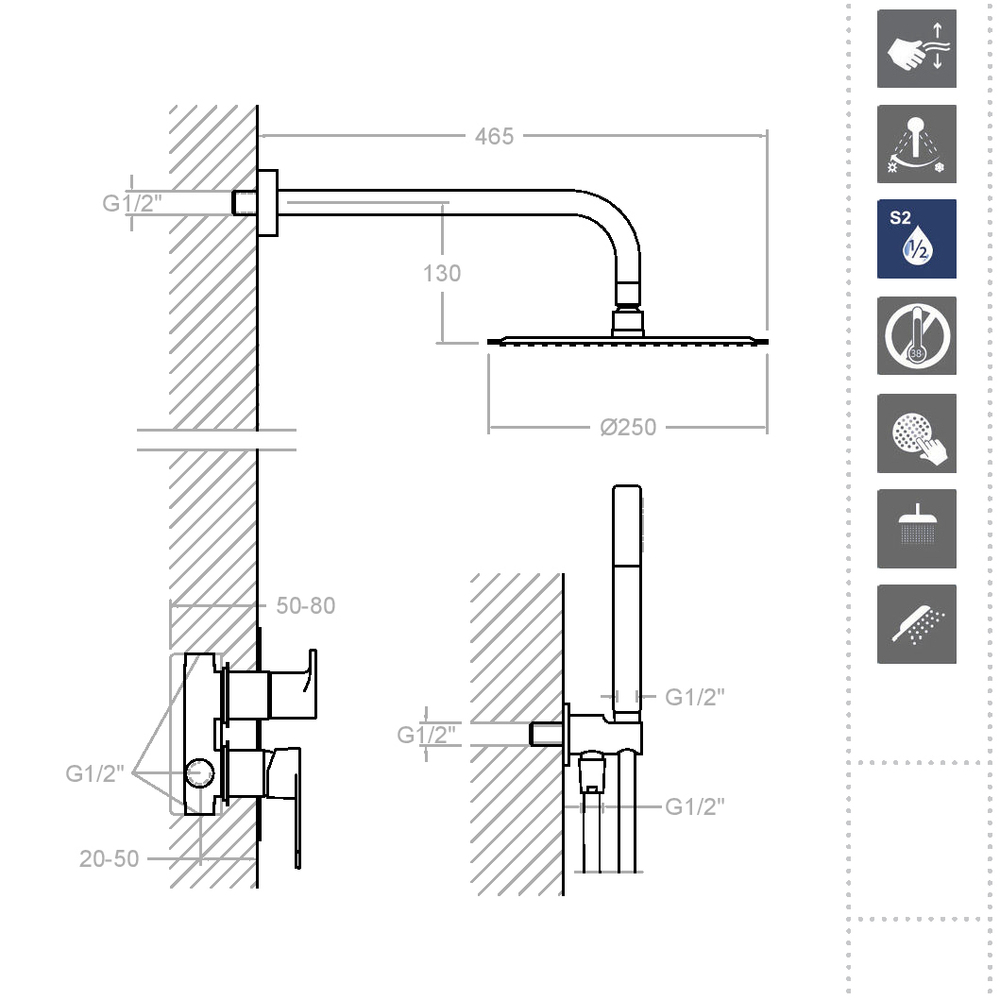Встраиваемый смеситель для душа с тропическим и ручным душем TZAR K3415021NM черный
