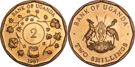Уганда 2 шиллинга, 1987 Хлопок UNC