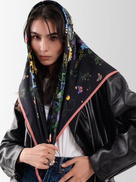 Платок «Русский полевой букет» чёрный 100% шёлк