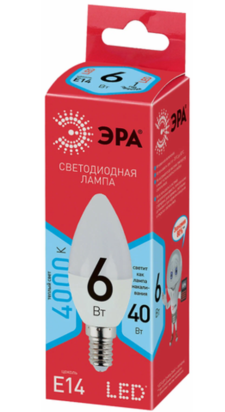 Лампа светодиодная Е14 "Свеча" 6W 4000K ЭРА белый свет