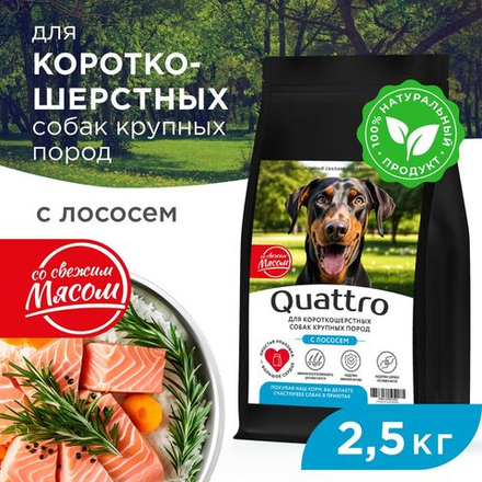 Корм сухой для взрослых собак крупных пород, премиум полнорационный комплекс, для короткошерстных собак, с лососем, 2,5 кг, QUATTRO