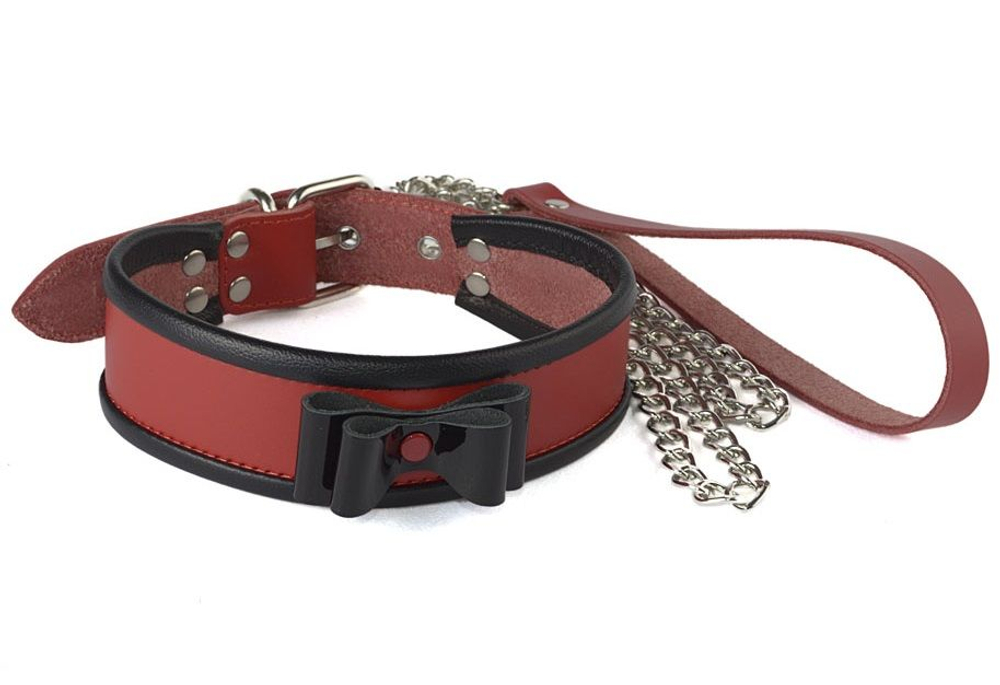 Красный ошейник с чёрным лаковым бантом и поводком (Цвет: красный с черным)