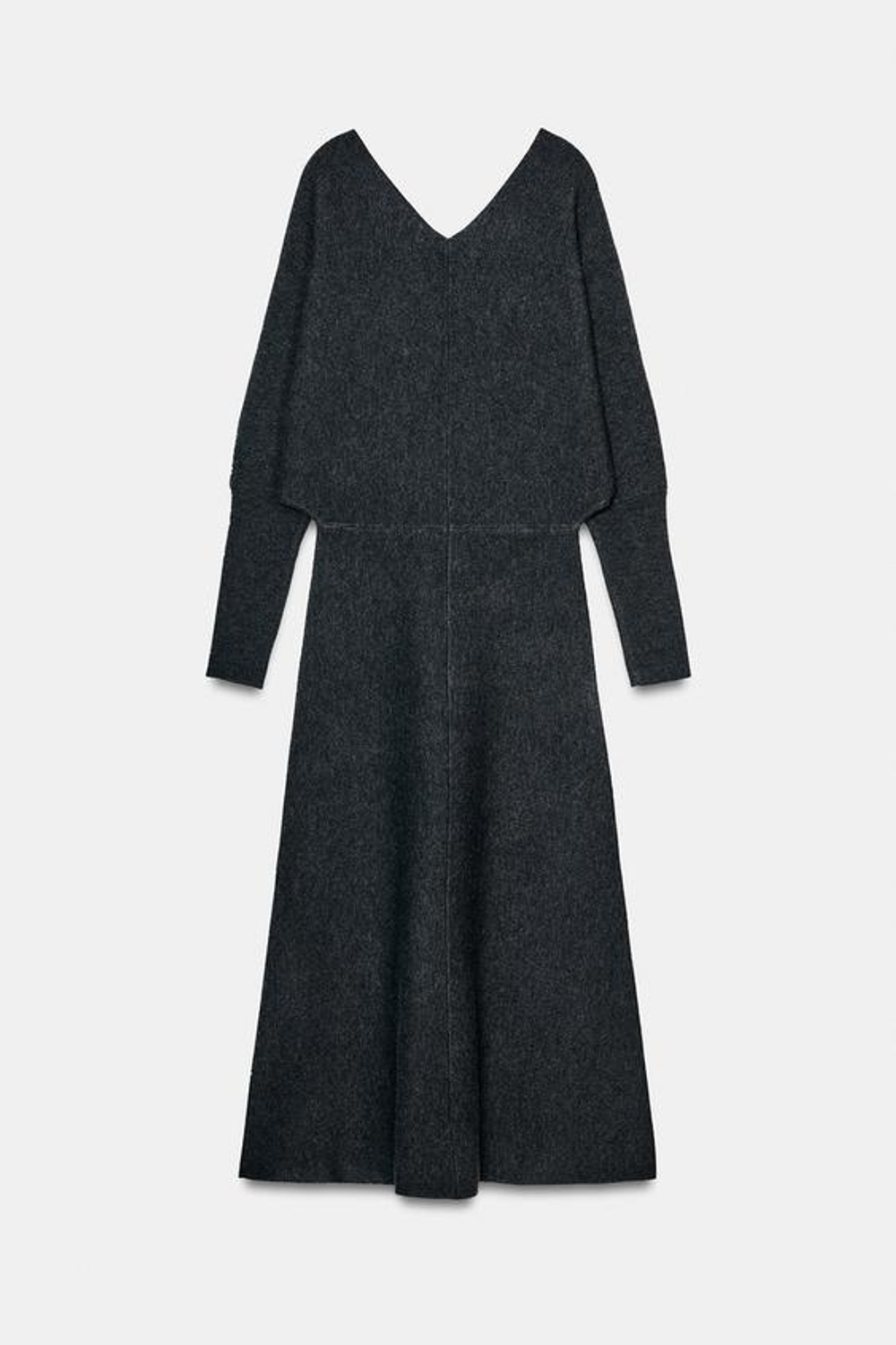 ZARA ТРИКОТАЖНОЕ ПЛАТЬЕ МИДИ С V-ОБРАЗНЫМ ВЫРЕЗОМ, СЕРЫЙ