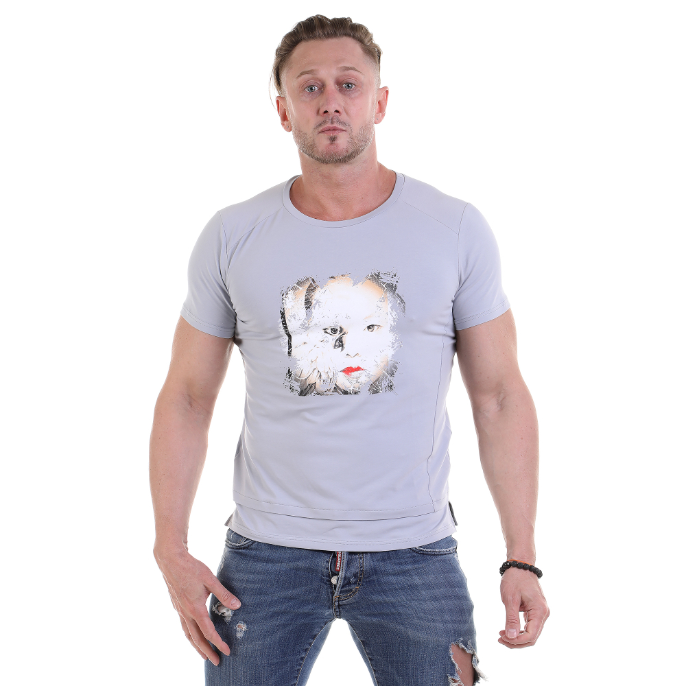 Мужская футболка с круглым вырезом серая с принтом Sesmik O007-1