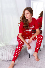 Молодежная хлопковая пижама со штанами в горошек (Размер: S) (Цвет: красный с белым)