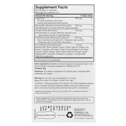Futurebiotics, ThinkFast®, добавка для улучшения работы мозга и памяти, 60 вегетарианских капсул