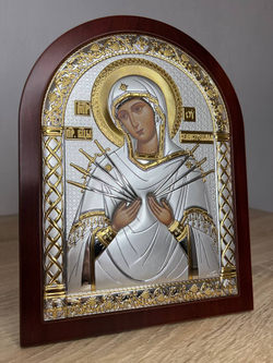 Семистрельная БМ, икона арочная, красное дерево 105х140