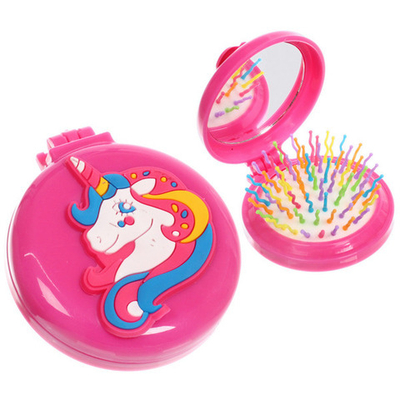 Расческа массажная детская складная «КАРАМЕЛЬ», единорог, цвет фуксия, d-6см (пакет с подвесом)