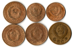 Набор из 6 монет 1 копейка 1936 , 54 и 2 копейки 1926, 31, 32, 54 гг. Ранний СССР