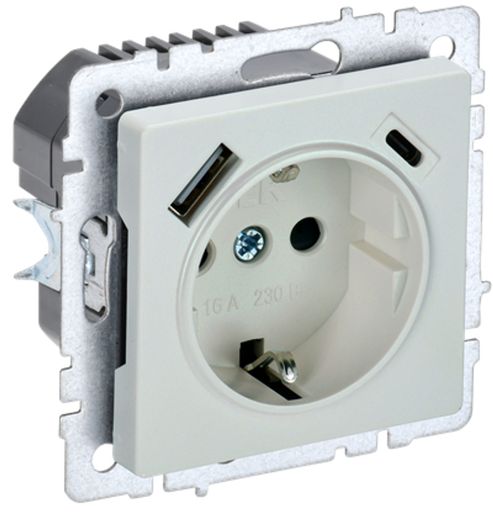 BRITE Розетка 1-местная с заземлением с защитными шторками 16А с USB A+C 18Вт РЮш11-1-БрЖ жемчуг IEK