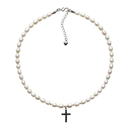 Чокер из натурального Жемчуга и Крестик с чёрными фианитами, silver