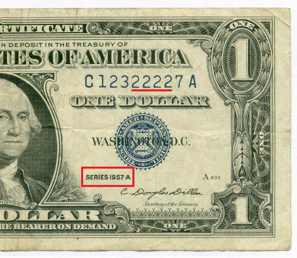 Банкнота США 1 доллар (серебряный сертификат) 1957A C 12322227 A. VF (Красивый номер)