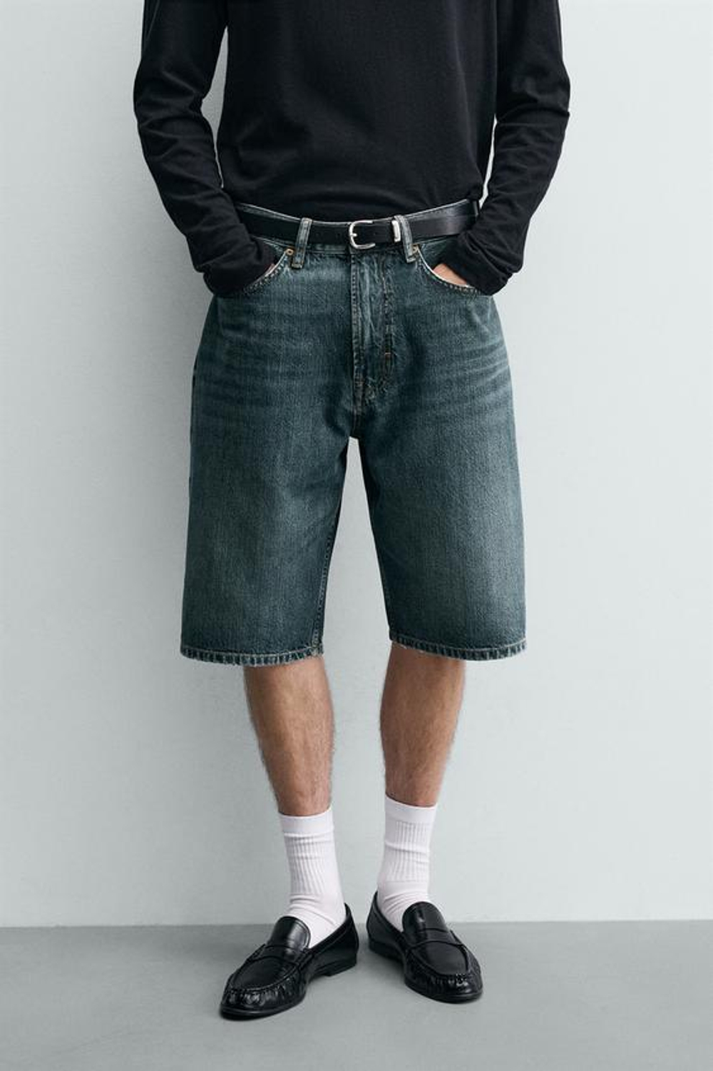 ZARA ДЖИНСОВЫЕ ШОРТЫ LOOSE FIT, ЗЕЛЕНОВАТО-СИНИЙ