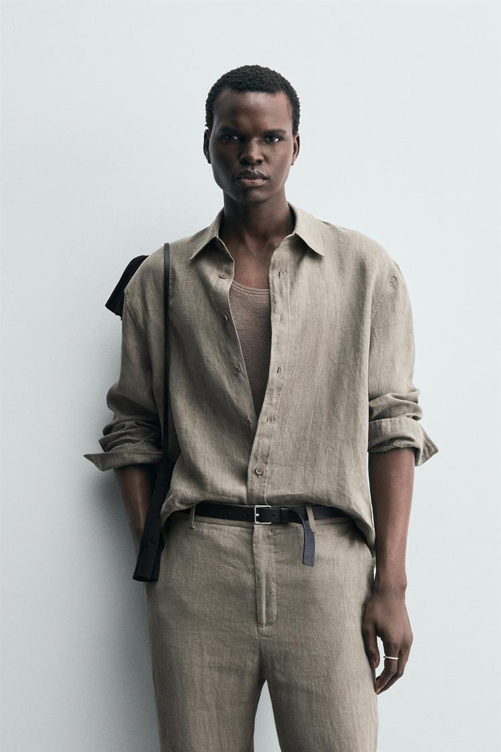 ZARА РУБАШКА ИЗ 100% ЛЬНА, СЕРО-КОРИЧНЕВЫЙ