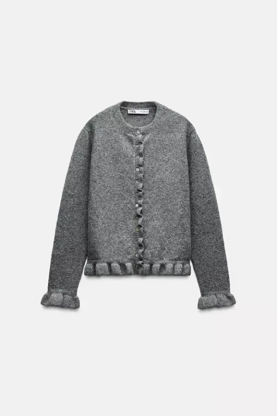 ZARA ТРИКОТАЖНЫЙ КАРДИГАН С ВОЛАНАМИ, СЕРЫЙ