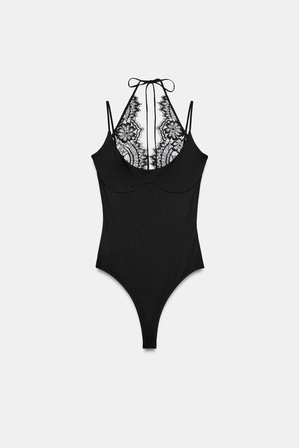 ZARA БОДИ ХАЛТЕР С КОМБИНИРОВАННЫМ КРУЖЕВОМ, ЧЕРНЫЙ