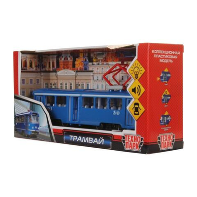 Модель ин. пласт. "Трамвай" 24см. на бат. свет+звук, открыв. двери, коробка CT12-428-2-BL (Технопарк)