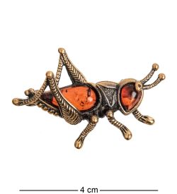 AM-2343 Брошь «Кузнечик Кузя» (латунь, янтарь)