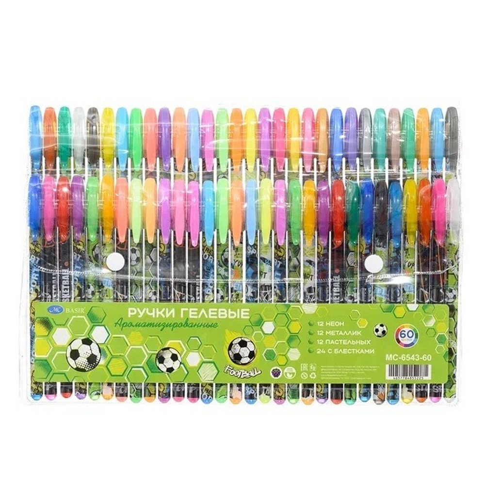 Ручка гелевая, Basir, цветные чернила, серия "Спорт", ароматизированная с блёстками, 60 шт