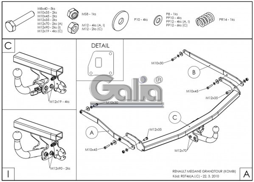 Фаркоп оцинкованный Galia R074A для Renault Megane II 2003-2008 (classic) седан/универсал, Megane III универсал 2008-(паспорт и сертификат в комплекте)(без электрики)