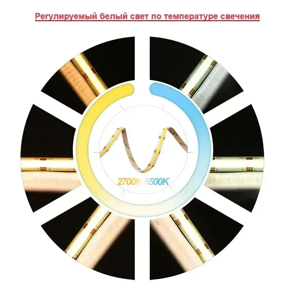 Cветодиодная лента COB CCT, 5м, 24V, 608led/м, 14 Вт/м, 1350 Лм/м