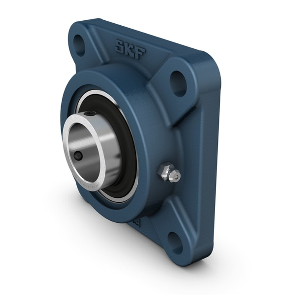 Square flanged ball bearing unit with set screw locking, cast iron housing, ISO FY 40 TF
