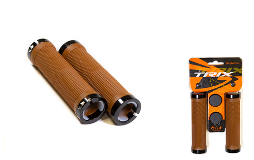 Грипсы TRIX, резиновые, 130 мм, 2 черных фикс., торцевые заглушки,коричневые