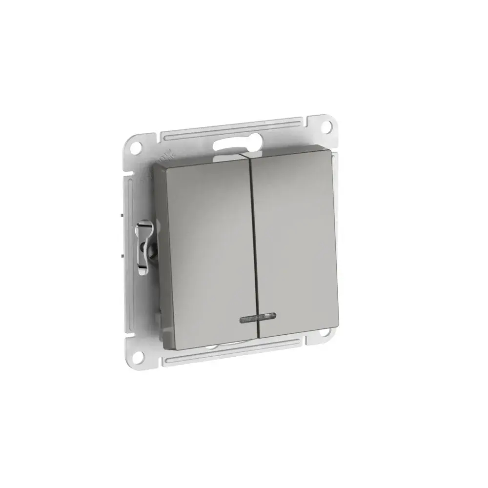 ATLASDESIGN 2-клавишный ВЫКЛЮЧАТЕЛЬ с подсветкой, сх.5а, 10АХ, мех., быстрозажим. клем., СТАЛЬ