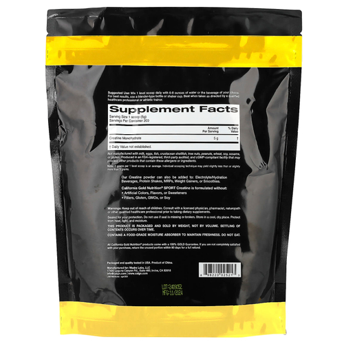 California Gold Nutrition, Sport, чистый моногидрат креатина, с нейтральным вкусом, 1 кг (2,2 фунта)