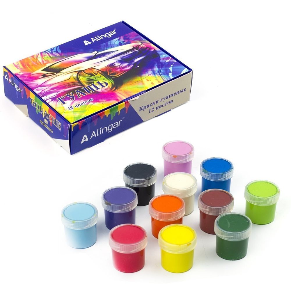 Гуашь Alingar карамельная, 12 цветов, 20 мл., картонная упаковка, &quot;Авто&quot;