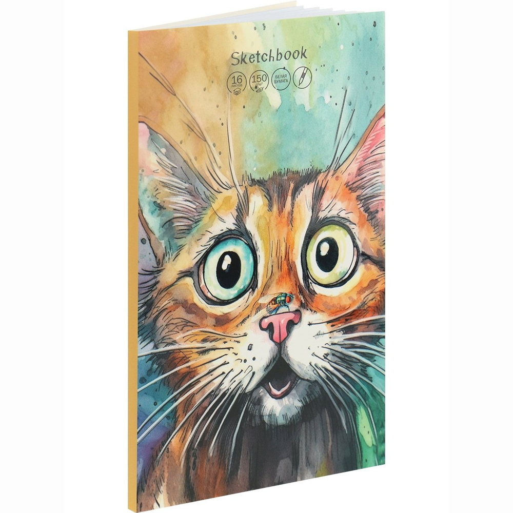 Скетчбук-гармошка А5, 16л., "Кошачье удивление", 150 г/м2, Проф-Пресс, без скрепления (складной), ламинираванный картон, мат. лам., выб. лак, офсет