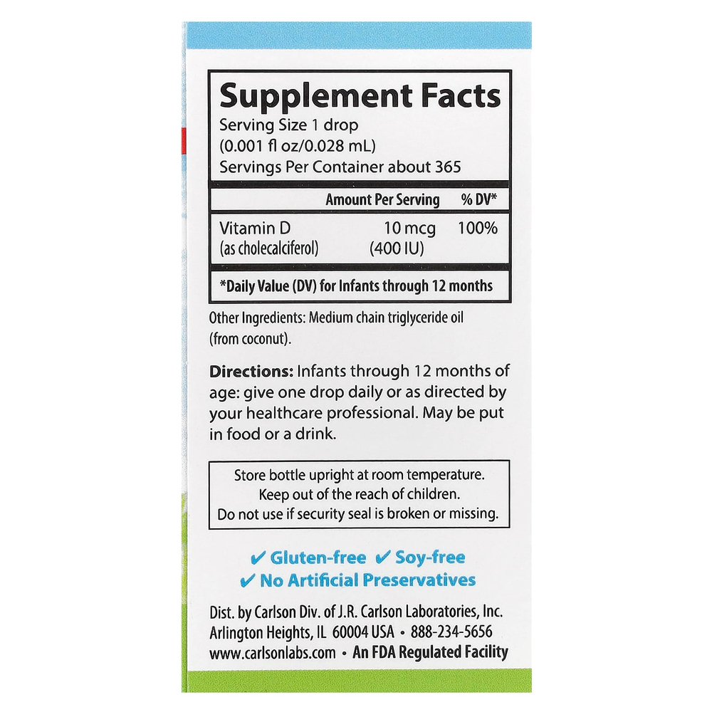 Carlson, Super Daily, витамин D3 для детей, 10 мкг (400 МЕ), 10,3 мл (0,35 жидк. унций)
