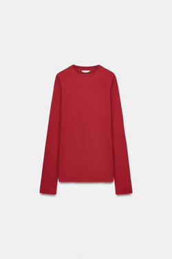 ZARA ХЛОПКОВАЯ ФУТБОЛКА С ДЛИННЫМИ РУКАВАМИ, ТЕМНО-КРАСНЫЙ