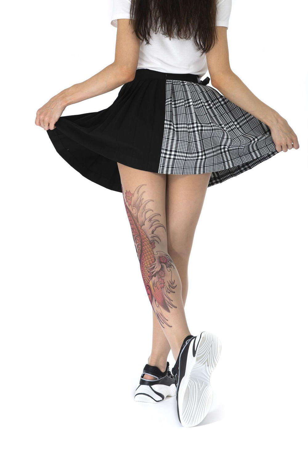 Колготки с цветным принтом в виде карпа кои на левой ножке (Размер: S-M-L) (Цвет: бежевый)