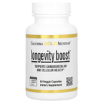California Gold Nutrition, Longevity Boost с транс-ресвератролом, экстрактом листьев оливкового дерева, смесью экстрактов винограда и среднецепочечными триглицеридами, 60 растительных капсул