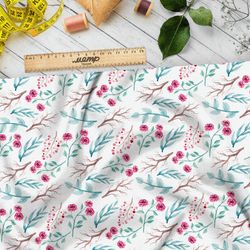 Ткань таффета красные веточки на белом