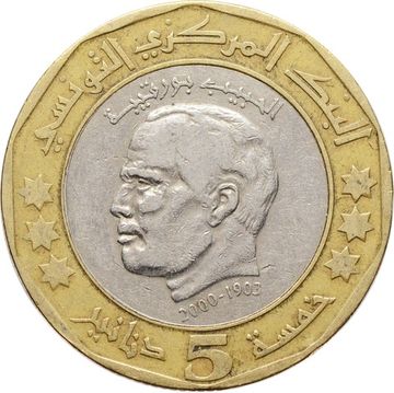 5 динаров 2002 Тунис «2 года со дня смерти Хабиба Бургиба», гладкие звезды