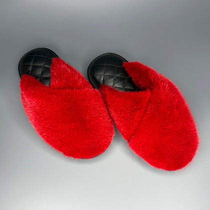 Тапочки для дома из меха норки Халатик | Красный