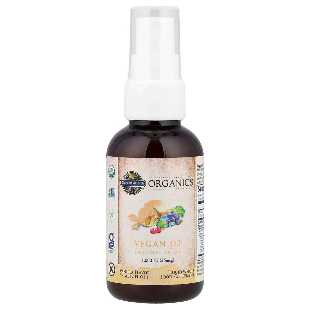 Garden of Life, MyKind Organics, веганский спрей с витамином D3, ваниль, 25 мкг (1000 МЕ), 58 мл (2 жидк. унц.)