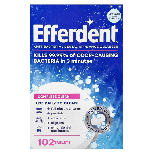 Efferdent, Антибактериальное очищающее средство для стоматологических приборов, комплексное очищение, 102 таблетки
