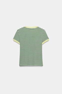 ZARA ФУТБОЛКА В ПОЛОСКУ С КОРОТКИМ РУКАВОМ, ЭКРЮ/ЗЕЛЕНЫЙ