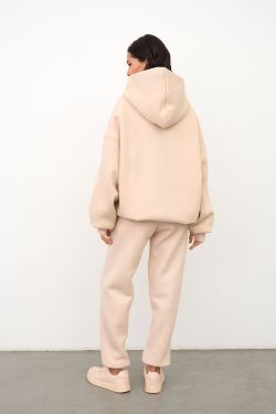 Утепленное худи на молнии из премиум футера цвета беж