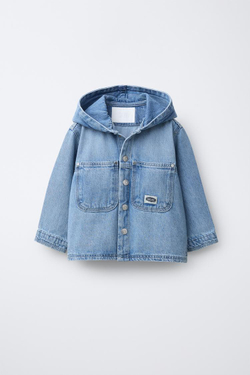 ZARA ДЖИНСОВАЯ КУРТКА-РУБАШКА С КАПЮШОНОМ, ВЫЦВЕТШИЙ СИНИЙ