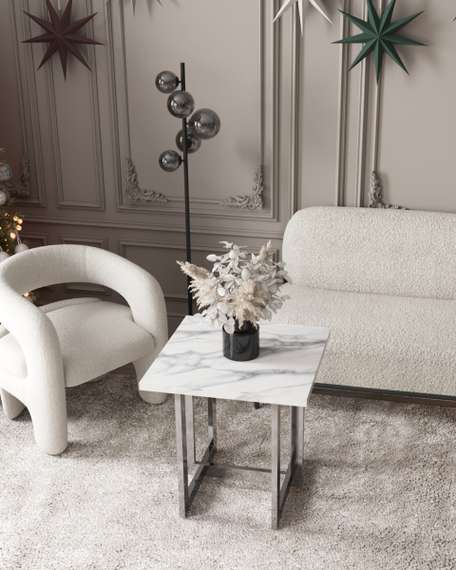 Журнальный столик Нэйтан 61*61 белый мрамор сталь темный хром