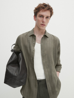 Massimo Dutti Рубашка из 100% льна в полоску, зеленый
