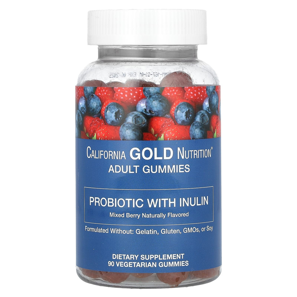 California Gold Nutrition, пробиотик с инулином в жевательных таблетках, с витамином C, фолатом, смесью экстрактов ягод и органическим инулином, с натуральным ягодным вкусом, 90 вегетарианских жевательных таблеток